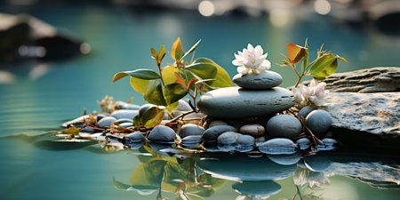 zen stones and flowers on the water. Zen concept. Spa backgroundの素材