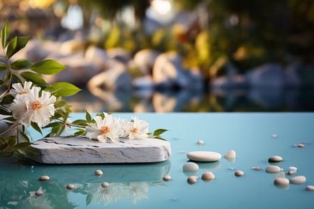 White flowersle podium in swimming pool. Summer vacation concept.の素材
