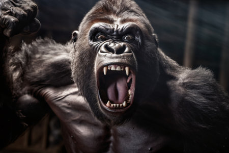 Portrait of angry gorilla with open mouth. Studio shot on dark background.の素材