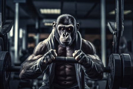 Portrait of a strong gorilla lifting a barbell in a gymの素材
