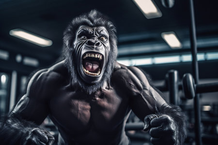 Portrait of a strong gorilla in the gym. Fitness and bodybuilding concept.の素材