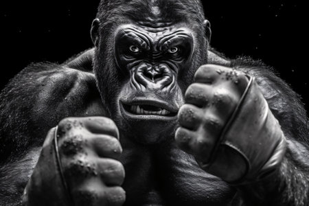 Monochrome portrait of a gorilla with boxing gloves on a black backgroundの素材