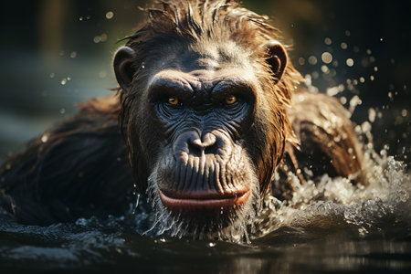 Chimpanzee in the water, close-up portrait.の素材
