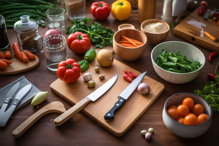Composition with fresh vegetables and kitchen utensils on wooden tableの素材