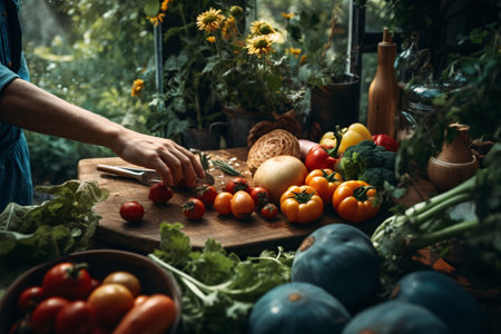 Close-up of a woman cutting fresh vegetables in the garden.の素材