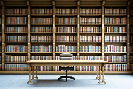 Bookshelf with books in the library. 3D rendering.の素材