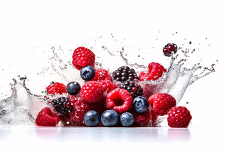 Falling raspberries and blueberries with water splash isolated on white backgroundの素材
