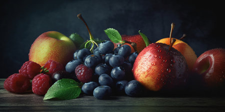 Still life with fresh fruits and berries on wooden table, selective focusの素材