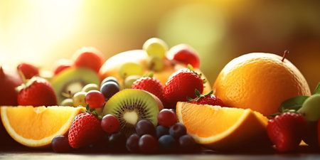 Fresh fruits on wooden table, closeup. healthy diet conceptの素材