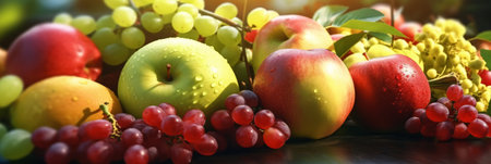 Variety of ripe fruits on wooden table, closeup. Banner designの素材