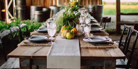 Table setting for wedding or another catered event dinner in rustic styleの素材