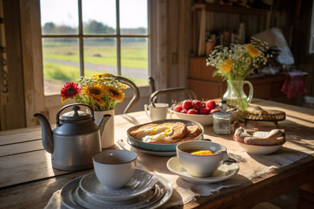 Breakfast in rustic style on the wooden table in country houseの素材