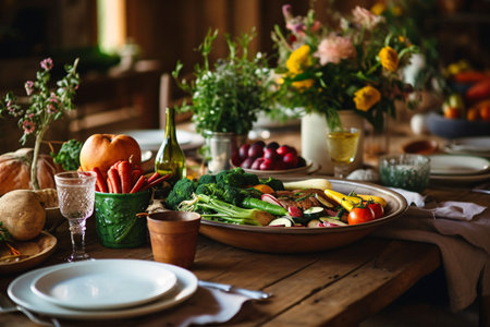Rustic table setting with fresh vegetables and fruits in rustic styleの素材