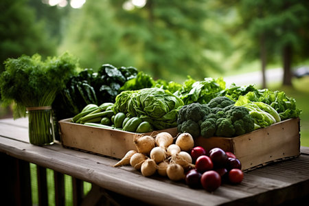 Fresh organic vegetables in a wooden box on a wooden table in the gardenの素材