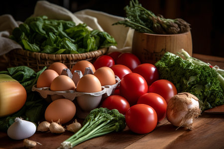 Fresh vegetables and eggs on a wooden table. Selective focus.の素材