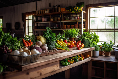 A group of fresh organic vegetables on a wooden table in a rustic kitchenの素材
