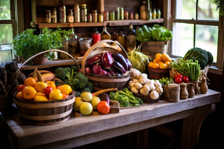 Variety of fresh vegetables on wooden table in rustic kitchen.の素材