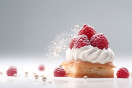 Piece of cake with cream and raspberries on a white backgroundの素材