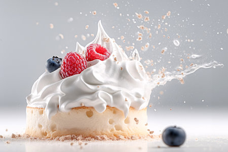 Piece of delicious cake with splashes and berries on light backgroundの素材