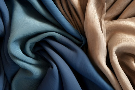 Texture, background, pattern. Silk fabric is blue and beige. It has a smooth matte finish.の素材