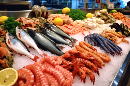 Seafood on display at a fish market in Barcelona, Spainの素材