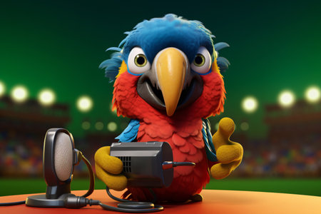 3d illustration of a parrot with headphones and a microphone on stageの素材