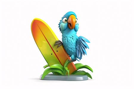Cartoon parrot with surfboard on white background - 3D Illustrationの素材