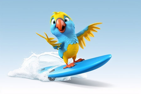 Cartoon parrot surfing on surfboard - 3D Illustrationの素材