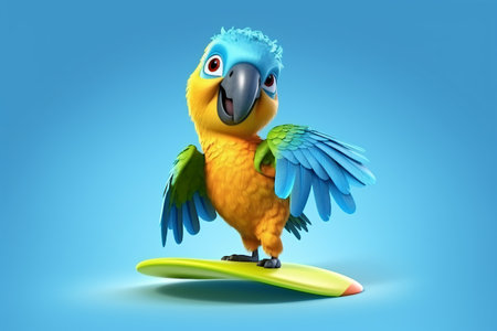 Parrot character surfing on surfboard - 3D Rendered Illustrationの素材
