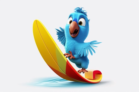 Cute blue bird riding a surfboard - 3D Illustrationの素材