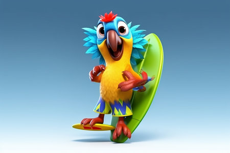 Cartoon parrot with surfboard on blue background - 3D Illustrationの素材
