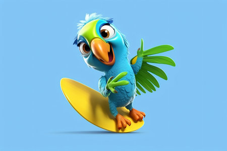 Cartoon parrot character surfing on surfboard isolated on blue backgroundの素材