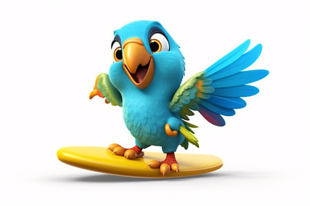 Cartoon character of a blue bird with surfboard on white backgroundの素材