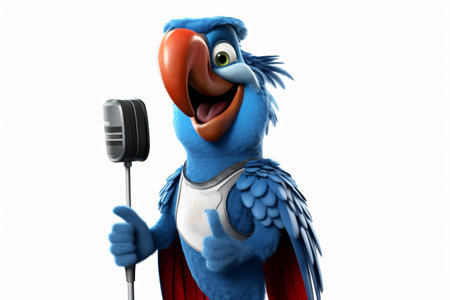 Cartoon parrot with a microphone on a white background. 3d illustrationの素材