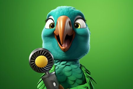 Parrot character singing with microphone on green background. 3D illustration.の素材