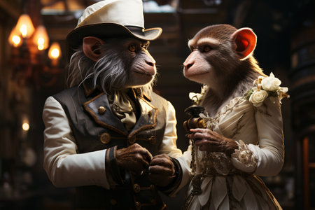 Monkey and monkey in the baroque style of the 19th century.の素材