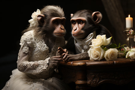 Monkey couple sitting on a table in a dark room with candlesの素材