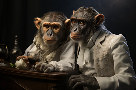 Monkey couple in the bar. Retro style. Dark background.の素材
