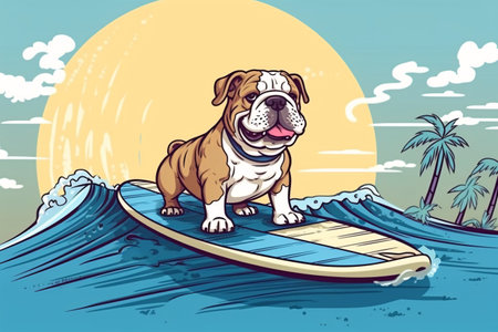 Bulldog on a surfboard. Vector illustration in cartoon style.の素材