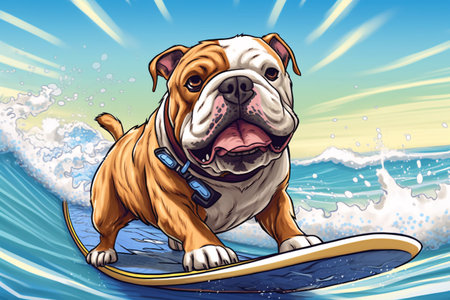 Bulldog surfing on a surfboard in the ocean, cartoon illustrationの素材