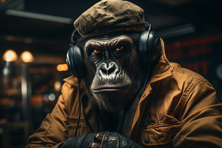 Portrait of a stylish gorilla with headphones and a cap in a cafe.の素材
