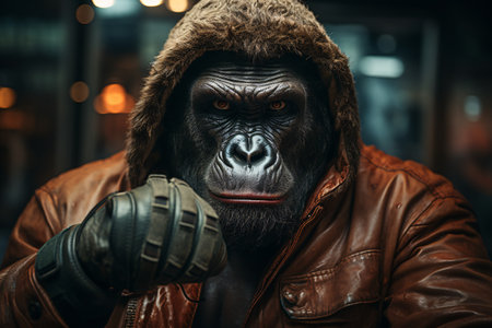 Gorilla in a leather jacket with a hood on his head and boxing gloves.の素材
