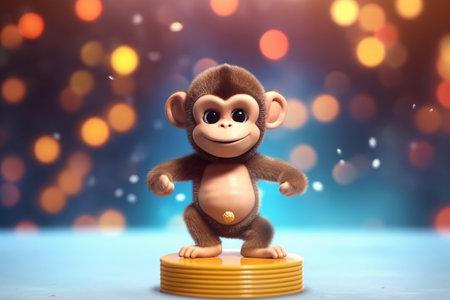 Cute little monkey on the podium with bokeh background.の素材