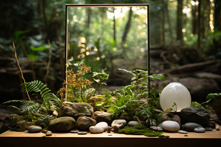 Tropical garden with transparent glass vase, moss and stone.の素材