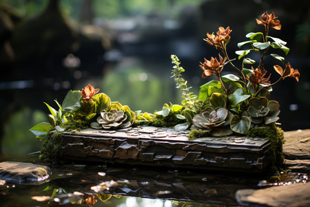 Miniature succulent plant decoration in the garden with water reflection.の素材