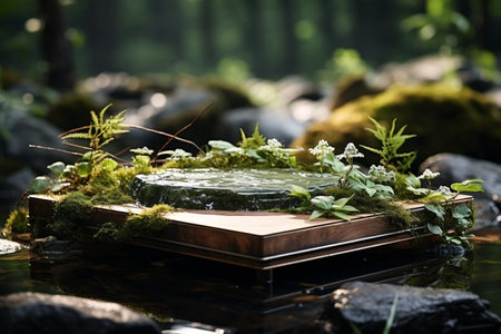 Wooden table with moss and flowers in the forest. Selective focus.の素材