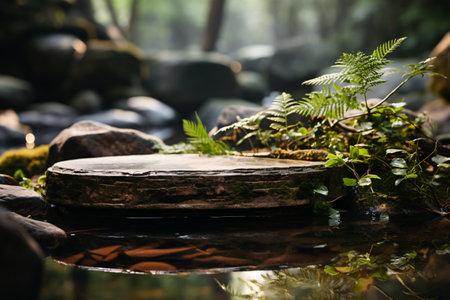 Wooden platform in the forest with green ferns and stonesの素材