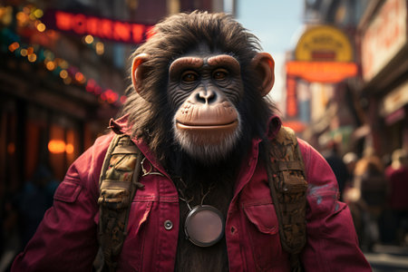 Portrait of a chimpanzee in a red jacket on a city streetの素材