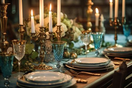 Festive table setting with candles and crockery. Selective focus.の素材