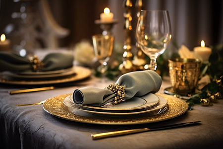 Festive table setting with gold plates and cutlery on tableの素材